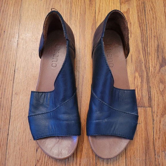 Bueno 8.5 9 Black Leather Cutout D'Orsay Flats 39 Peep Toe Retro Western TANNER - Picture 2 of 8